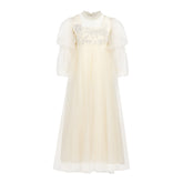 MAISON AVA RENEE FLORAL APPLIQUE BUBBLE SLEEVE TULLE GOWN
